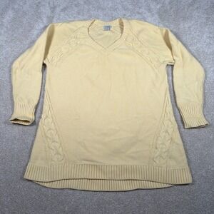 LL Bean Cable Knit 3/4 Sleeve Sweater Womens Large Yellow Cotton V Neck School